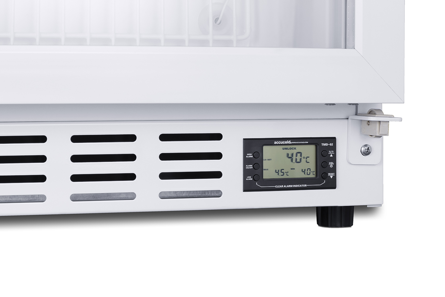 Built-In healthcare all-refrigerator with self-closing door, front lock, digital controls, and external temperature readout